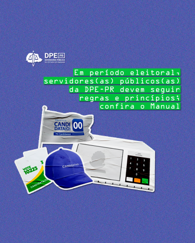 Imagem com fundo roxo e texto sobreposto com fundo verde. Abaixo do texto, estão algumas colagens de imagens como a urna eletrônica, um boné azul escrito "candidato", um panfleto escrito "vote 10223" e uma bandeira simulando a bandeira de um candidato a vereador.