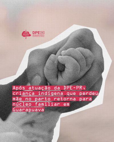 Imagem com arte gráfica, com mão de adulto segurando mão de bebê. acima de título e abaixo de logo da DPE-PR.