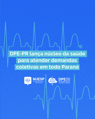 Imagem com fundo azul com sinais que imitam os sinais vitais exibidos nos monitores hospitalares. Por cima da imagem está escrito o título da matéria e, abaixo, estão os logos do núcleo de saúde e da Defensoria.