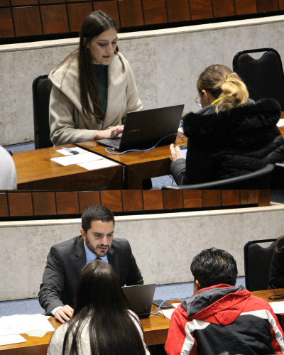 Quadro com duas imagens. Em cima, está uma mulher de cabelos longos atendendo, enquanto a usuária está de costas sentada. Em baixo, o defensor está atendendo um casal que está de costas.