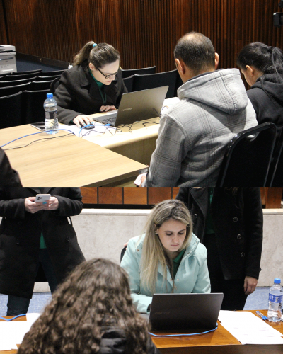 Quadro com duas imagens. Em cima, imagem de servidora mexendo no computador. Em baixo, imagem de outra servidora mexendo no computador.