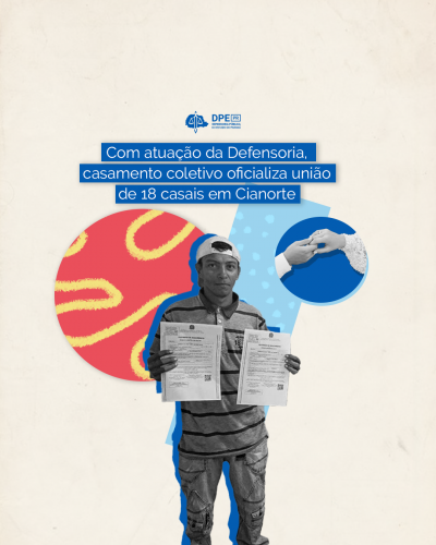 Imagem com fundo amarelo claro. No centro, está o recorte do usuário da Defensoria segurando duas certidões. Ele usa boné para trás e está com uma camisa polo. Atrás dele, estão alguns recortes, sendo um círculo laranja com riscos amarelos e outro um retângulo azul com bolinhas mais claras. Em cima do retângulo, está o recorte de duas mãos, de um casal, juntas. O título está no centro, acima das fotografias.