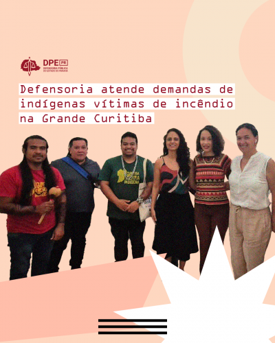 Imagem na cor salmão com elementos geométricos amarelos e brancos como uma estrela, um círculo e retângulo. Sobrepondo, está o recorte dos indígenas atendidos da defensora, ouvidora e assistente social.