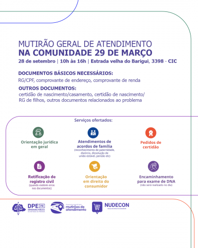 Imagem do banner de divulgação do mutirão geral de atendimento na Comunidade 29 de Março.