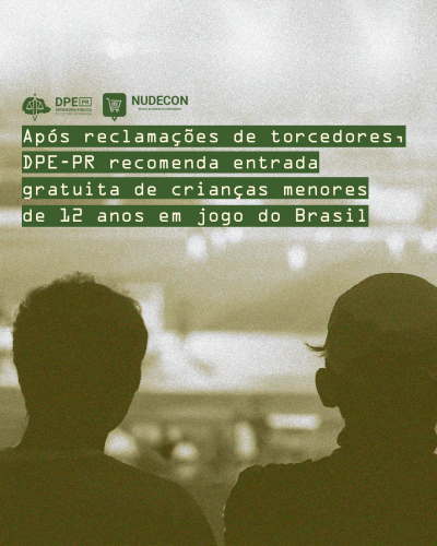 Imagem com foto de crianças em estádio de futebol, abaixo de título e logo da DPE-PR e do NUDECON.
