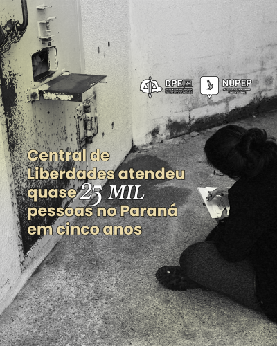 Imagem com foto de atendimento em unidade prisional por representante da equipe da DPE-PR, com título e logo da NUPEP e da DPE-PR.