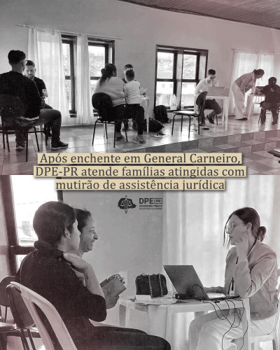 Imagem com duas fotos, uma em cima e outra embaixo. As fotos estão preto e branco. Em cima é uma imagem ampla do local de atendimento com várias pessoas sentadas nas mesas sendo atendidas. Embaixo, tem uma imagem mais próxima de uma mulher branca mexendo no computador atendendo outras duas mulheres. Uma das mulheres atendidas sorri.