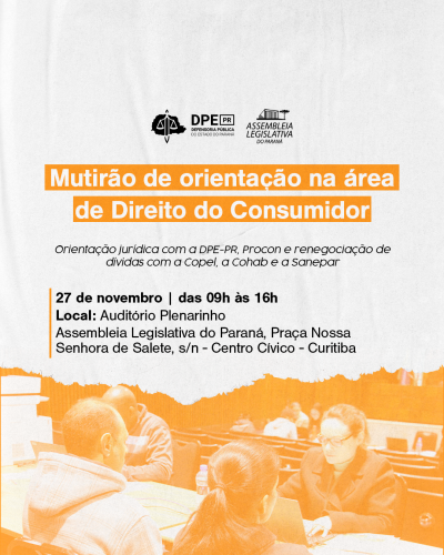 Imagem com banner do mutirão de orientação na área de Direito do Consumidor.