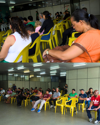 Mutirão com defensores públicos e servidores digitando, em frente ao computador.