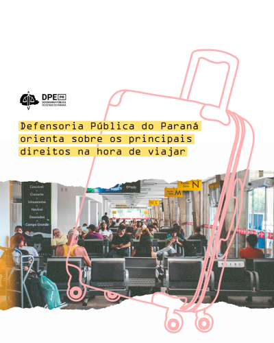 Imagem com fundo em branco e uma ilustração imitando papel rasgado onde, no local do rasgo, aparece uma foto de pessoas sentadas na rodoviária de curitiba aguardando o embraque. Acima, o título da matéria, tarjado em amarelo e o logo da defensoria em preto.