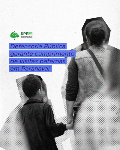 Imagem que mostra uma mulher de mãos dadas com uma criança caminhando. Elas estão de costas. A mulher usa uma blusa de manga comprida com um colete por cima e uma bolsa de alça transpassada. A criança, um menino, está com uma blusa de manga comprida preta. A imagem é uma composição, como que fosse recortada e colada sobre um fundo branco. Por cima dela está escrito o título da matéria e o logo da Defensoria.