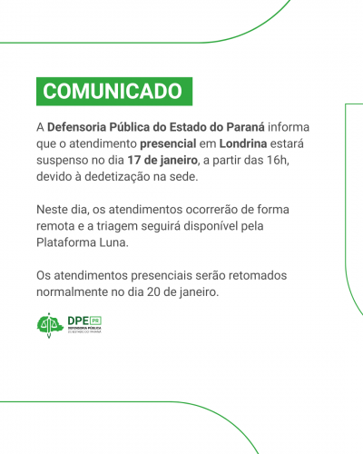 Imagine um retângulo na vertical com um fundo branco. Ele tem uma borda grossa verde escura, e dentro dessa borda, outra borda mais fina na cor azul. No topo, a palavra "COMUNICADO" está escrita em letras maiúsculas vermelhas e bem grandes, com um destaque que parece ser um efeito de sombra ou relevo. Abaixo do título, em letras pretas menores, está escrito o texto de suspensão de atendimento no dia 17/01.