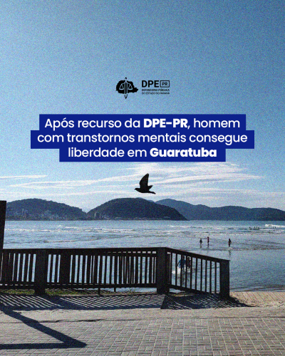 A imagem de fundo mostra uma paisagem litorânea em Guaratuba, com um deck de madeira à beira-mar, algumas pessoas na água e montanhas ao fundo. Um pássaro voa no céu aberto. No centro da imagem está o título da matéria.