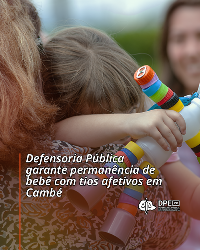 Imagem com foto de tia segurando criança no colo, de cotas, sob título e logo da DPE-PR.