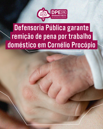 Imagem com foto de mãe cuidando de criança recém-nascida, sob título e logo da DPE-PR.