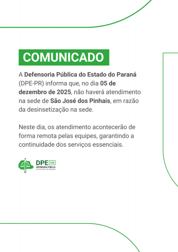 Imagem com o fundo branco e um texto escrito em preto explicando a suspensão de atendimento em São José dos Pinhais no dia 5 de dezembro.