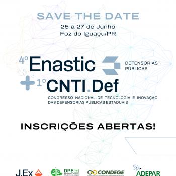 Imagem com arte de divulgação do 1º Congresso Nacional de Tecnologia e Inovação das Defensorias Públicas Estaduais.