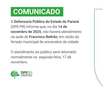 Imagem com fundo branco e detalhes em verde. A imagem é um comunicado que diz sobre suspensão de atendimento na sede de Francisco Beltrão.