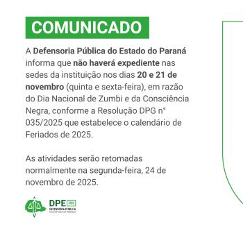 Imagem com o fundo branco, com detalhes em verde claro. Logo acima está escrito "COMUNICADO" em branco e verde e o texto está escrito em preto informando a suspensão de atendimentos nos dias 20 e 21.