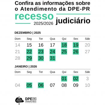 Cartaz informativo com o título sobre o atendimento da DPE-PR no recesso judiciário 2025/2026. Abaixo, calendários de dezembro e janeiro destacam com fundos verdes os dias específicos do recesso, abrangendo o período de 18 de dezembro a 06 de janeiro.