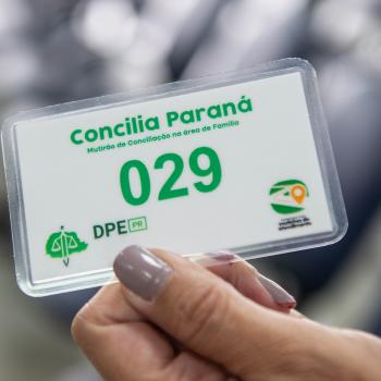 Fotografia em close de uma mão segurando uma senha plastificada de fundo branco. Em letras verdes, lê-se "Concilia Paraná - Mutirão de Conciliação na área de Família" com o número "029" em grande destaque no centro, acompanhado dos logotipos da DPE-PR e do mutirão na base.