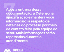 7. Após a entrega dessa documentação, a Defensoria ajuizará ação e manterá você informada(o) a respeito de detalhes do processo por meio de contato feito pela equipe do setor. Mais informações serão repassadas durante o atendimento.