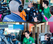 Imagem que mostra o defensor público Cainan Meira sendo entrevistado por diversas emissoras de TV.