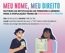 Imagem com um fundo degradê do azul ao rosa, trazendo referência visual as cores da bandeira do orgulho transgênero. Na parte inferior central da imagem, temos duas pessoas com documentos de identificação e acima delas, está escrito em maior destaque "Meu nome, meu direito" e abaixo, "mutirão de retificação de prenome e gênero para a população trans de Paranaguá e região".