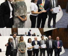 Imagem com a deputada Luciana Rafagnin, os deputados Goura, o líder do Governo na Alep, deputado Hussein Bakri, o presidente da Alep, deputado Ademar Traiano, a presidente da Adepar Jeniffer Beltramin Scheffer, defensor público-geral, André Giamberardino, e a 1ª Subdefensora pública-geral, Olenka Lins e Silva.