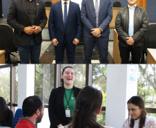 Imagem dividida em duas, onde, a parte de cima, mostra, ao centro, o presidente da Câmara Municipal de São José dos Pinhais, Allax Siqueira, ao lado do defensor público Matheus Munhoz. A parte de baixo da imagem mostra um atendimento da Defensoria Pública.