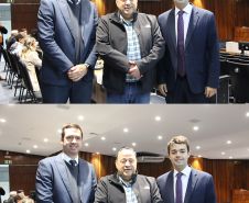 Imagem com foto do Defensor Público-Geral do Paraná, André Ribeiro Giamberardino, do defensor público do Paraná Matheus Munhoz e do deputado estadual do Paraná Hussein Bakri.
