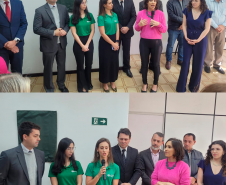 Imagem das Defensoras Aline Bastos e Renata Miranda discursando durante a cerimônia de inauguração.