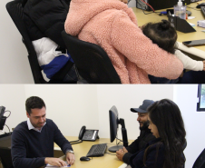 A primeira imagem mostra uma mulher e um homem sentados à mesa. A mulher segura um bebê no colo. A segunda imagem mostra o defensor de um lado da mesa, segurando um papel, e duas pessoas do outro lado da mesa, aguardando o resultado do exame de paternidade