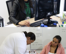 A primeira imagem mostra uma servidora da Defensoria ao computador, sorrindo. A segunda imagem mostra uma mulher colhendo o sangue de outra mulher sentada. 