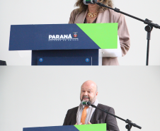 Imagem em formato de colagem onde mostra uma foto em cima da outra, na imagem superior mostra uma mulher discursando enquanto na imagem inferior, é um homem.