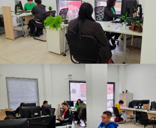 Imagem dividida em duas que mostram a sala de atendimentos de dois ângulos diferentes.