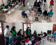 Imagem em formato de colagem, contendo duas imagens uma em cima da outra. Na foto de cima, mostra uma visão ampla do salão de atendimentos e na foto inferior, uma visão mais direcionada do atendimento.