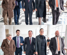 Imagem em formato de colagem onde mostra uma foto em cima da outra, tanto quanto na imagem superior e na inferior, são os profissionais do estado do Paraná caminhando e conversando.