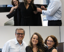 Imagem que mostra dois momentos: a nova defensora pública, Gabriela Vizel Gomes, abraçada com seu pai e sua mãe e os dois vestindo a beca na filha.