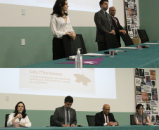 Imagem em formato de colagem, tendo duas fotos. A foto superior conta com a apresentação da mesa de abertura, com a presença do Defensor Público-Geral André Ribeiro Giamberardino acompanhado do diretor da EDEPAR, Leônio Araújo dos Santos Júnior, e da Coordenadora do Núcleo de Promoção e Defesa dos Direitos das Mulheres, Mariana Martins Nunes. Na foto abaixo, eles estão sentados ao lado da psicóloga da Defensória Pública do Paraná, a Jessica Paula da Silva Mendes.
