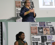 Imagem em formato de colagem, na foto de cima, está a juíza de Direito de Ponta Grossa, Laryssa Angélica Copack Muniz, palestrando. Na foto abaixo, está a secretária executiva do Núcleo de Promoção e Defesa dos Direitos das Mulheres, a Damares, palestrando.