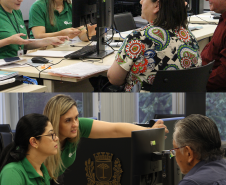 Colagem de duas imagens de atendimento. Na primeira, que está acima, duas assessoras da Defensoria prestam atendimento a um casal de idosos. Na segunda, abaixo, outras duas assesoras prestam atendimento a um homem idoso.