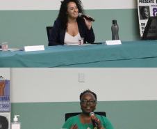 Imagem em formato de colagem, na foto de cima, está a advogada e mestranda em Direitos Humanos e Democracia pela UFPR, Nahomi Helena de Santana, palestrando. Na foto abaixo, está a presidenta do Conselho Estadual dos Direitos das Mulheres do Paraná e membra da Rede de Mulheres Negras do Paraná, a Ivanete Xavier, sorrindo enquanto palestra.