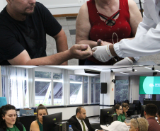 Imagem com duas fotos: acima, assistidos fazem exame de coleta de DNA para teste de maternidade; abaixo, equipe da DPE-PR em atendimentos durante o mutirão.