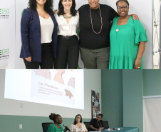 Imagem em formato de colagem, na foto de cima, está as palestrantes sorrindo e posando para foto. Na imagem abaixo, uma foto em close aberto da palestra.