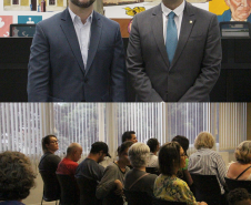 Imagem com duas fotos: acima, o defensor público-geral, André Ribeiro Giamberardino, e o presidente da Câmara Municipal de Curitiba, Marcelo Fachinello; abaixo; pessoas aguardam atendimento no mutirão.