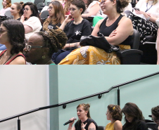 Imagem em formato de colagem, tendo suas duas fotos mostrando o público perguntando e apreciando o seminário.