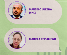 Imagem com fundo em verde claro e textura de papel com algumas linhas orgânicas em um verde mais escuro. Ao centro, dois balões de fala em tom de bêge. Nos balões as fotos dos defensores Marcelo DIniz e Mariela Bueno, ao lado de seus nomes.