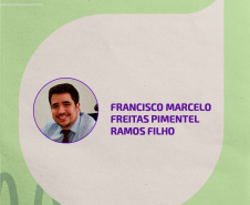 Imagem com fundo em verde claro e textura de papel com algumas linhas orgânicas em um verde mais escuro. Ao centro, um balão de fala em tom de bêge. No balão, uma foto do defensor Marcelo Pimentel, ao lado de seu nome.