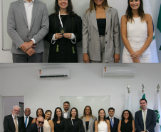 Imagem em formato de colagem, na imagem acima, estão posando para um retrato o Segundo Subdefensor Público-Geral Bruno Müller, ao seu lado direito, a nova Defensora Pública Mariane Guimarães e ao lado dela, está a Primeira Subdefensora Pública-Geral Olenka Lins e por fim, a Chefa de Gabinete da Defensoria Pública-Geral Lívia Martins. Na imagem abaixo, uma foto paisagem da família e amigos de Mariane Guimarães junto ao seus novos colegas de trabalho.